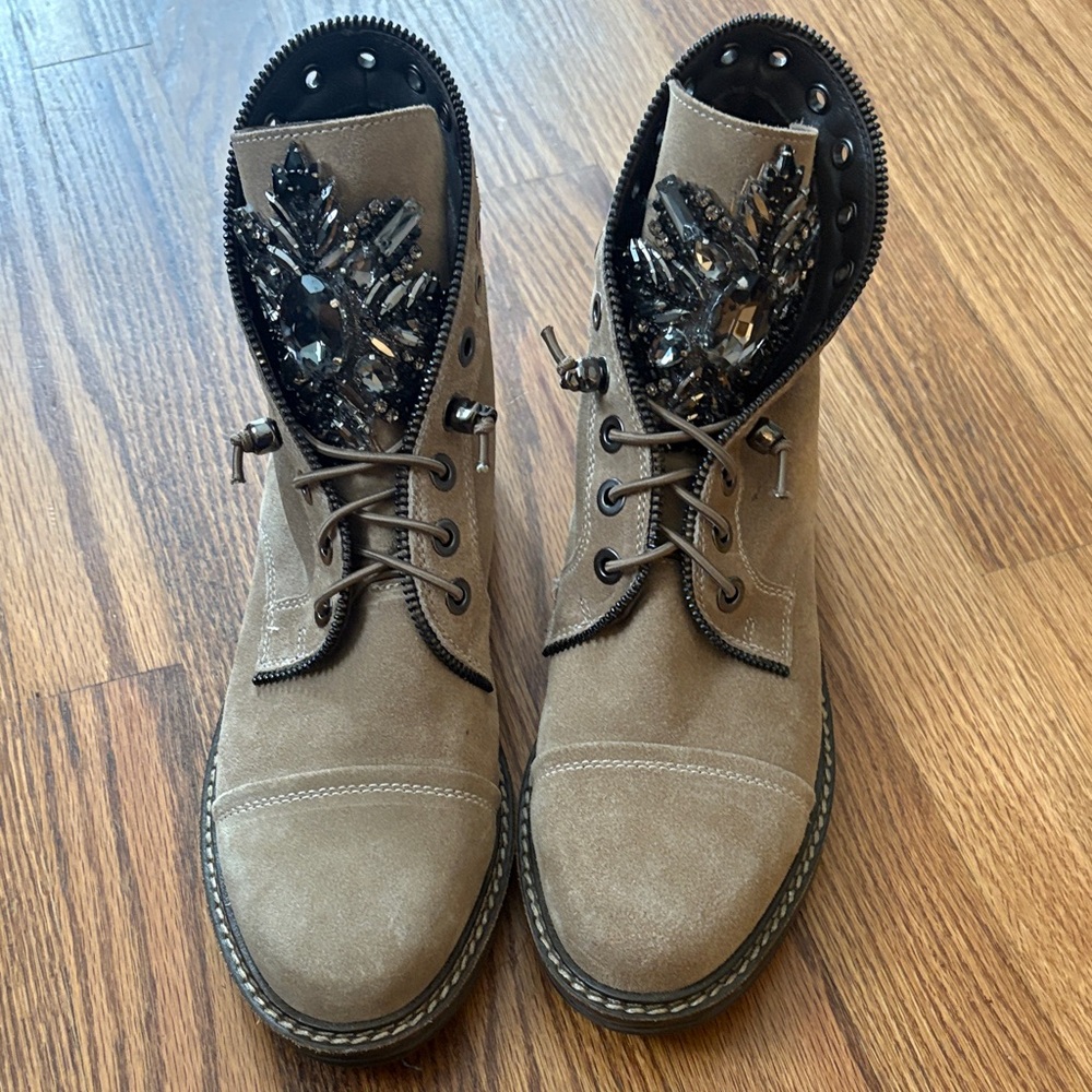 Vince Camuto Sefella Tan Combat Boots with Black Embellishments